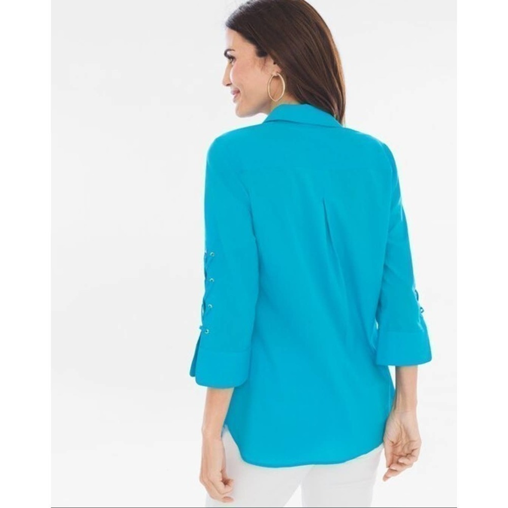 Chico's Lace Up 3/4 Length Sleeve Button Up Collared Blouse Blue Size Small - Picture 10 of 10